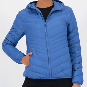 Chaqueta ligera con capucha para mujer, azul sólido, con cierre de cremallera, abrigo fino de plumón. - Product Image 1