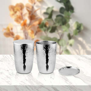 2 PCS Hammered Glass <b>Drinkware</b> with Stainless Steel Lid Impression Collection - Product Image 1
