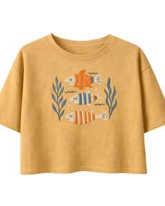 เสื้อยืดครอปพิมพ์ลายปลาสีเบจสำหรับผู้หญิง ผ้าฝ้าย แขนสั้น สไตล์ลำลอง เสื้อท่อนบนสำหรับฤดูร้อน ทรงหลวม แฟชั่นเสื้อยืดลายกราฟิก ขายส่งเสื้อผ้า - Product Image 1