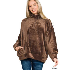 Suéter de Piel Sintética Marrón para Mujer Zenana con Cierre de Media Cremallera y Bolsillo, Prenda Exterior Cómoda y Elegante, Talla S - Product Image 6