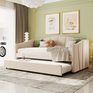 Divano letto imbottito beige con letto estraibile singolo e doghe in legno - Ideale per comodi letti singoli - Product Image 1