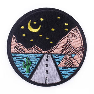 Custom Embroidered Luxury Patch with Moon Stars Trees and Mountains <b>Sew</b>-On Fabric Badge for Garment Decoration Using Safety <b>Pin</b> - Product Image 4