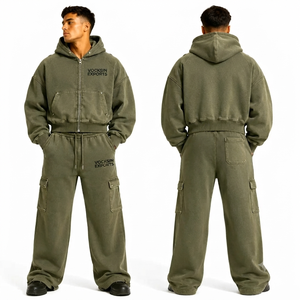 Ensemble survêtement homme Vocksin vintage vert olive avec sweat à capuche zippé et pantalon cargo ample en molleton de coton premium pour l'hiver - Product Image 3