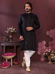 Exclusive Smart <b>Silk</b> <b>Kurta</b> Pyjama Set With Embroidery Mirror Work Party Wear Festival Wedding Mens Ethnic Wear Style - Product Image 1