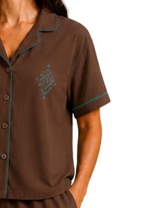 Customized Brown Women Pajama Set Short Sleeve Button <b>Down</b> Nightwear Soft Breathable Summer Sleepwear Casual Lounge Set - Product Image 4