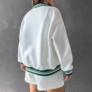 Women's White Green Stripe 2-Piece Shorts Set Fleece Sporty Loose Fit Full Sleeve Turn-<b>Down</b> Collar Digital Printed Spring Summer - Product Image 2
