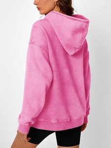 <b>Women</b> Oversized Hot Pink Acid Wash <b>Hoodie</b> Pullover Sweatshirt with Kangaroo Pocket Soft Casual <b>Longline</b> Hooded Top for Fall - Product Image 5