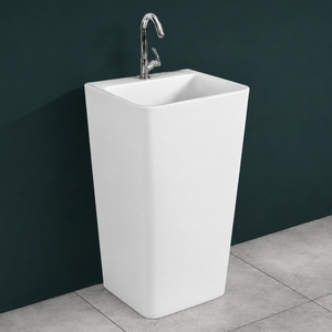 Lavabo de Baño Rectangular de una Pieza con Pedestal, Cromado, Certificado por NSF, de Tesla, con Soporte para Grifo de un Solo Orificio, Diseño Minimalista, Acabado Brillante - Product Image 3