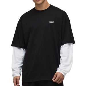 Trendy Layered Long Sleeve Oversized T-shirt Streetwear <b>Black</b> <b>White</b> Two Tone Graphic Loose Fit Heavyweight Cotton Men's shirts - Product Image 2