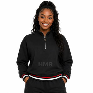 Cardigan tricoté noir à demi-zip HMR Sisterhood Sorority, manches longues, col montant, sweat-shirt décontracté, couleur unie avec bordure contrastante - Product Image 1