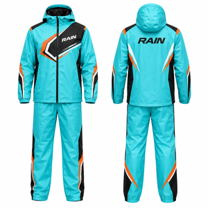 Ensemble veste et pantalon de sport imperméable à capuche pour homme RAIN, bleu, orange, blanc, revêtement PU, fermeture éclair, tenue d'été, color block - Product Image 1