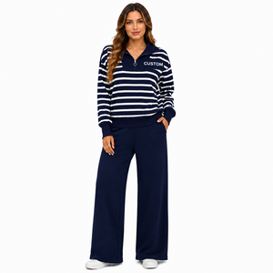 Winter Wear Ladies Blue <b>Striped</b> Quarter Zip <b>Women's</b> Pullover Tracksuit Wide Leg <b>Trouser</b> Set Casual Modest Athleisure Loungewear - Product Image 1