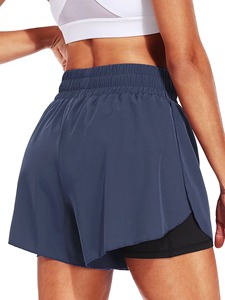 Shorts en tricot bleu marine pour femmes, taille haute, cordon élastique, sportif, séchage rapide, coupe régulière, couleur unie - Product Image 2