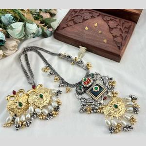 Jewelemarket Green 2 Tone Plated Pota Stone Long Necklace Set Fashion Jewelry Set - Product Image 1