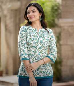 <b>Indian</b> Hand Block Printed Cotton Tunic <b>Top</b> Casual Summer Short Kurti Floral Print Ladies Wear Vintage Eco-Friendly Halter Women - Product Image 1