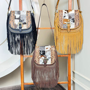 Sac à bandoulière à franges de couleur unie en cuir repoussé à la main à la mode pour les cheveux de grande capacité des femmes sur le sac de messager en cuir véritable - Product Image 4