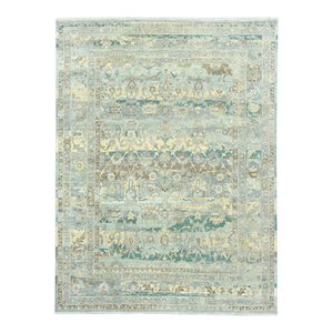 Alfombra de Lana Pura Anudada a Mano - Alfombra Oriental Floral de Lujo en Turquesa y Beige de Pelo Corto para Decoración Moderna de Sala de Estar - Product Image 2