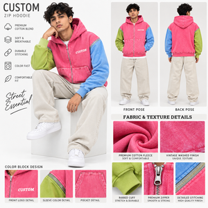 Custom Pink Acid Wash Color Block Full Zip Hoodie Heavyweight Fleece <b>Detachable</b> <b>Sleeve</b> Convertible Cropped Boxy OEM Streetwear - Product Image 5