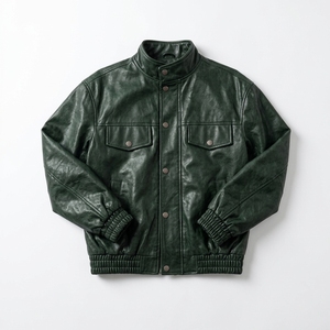 Proveedor Mayorista Profesional de Chaquetas de Cuero Verde para Hombre, Chaqueta Bomber con Cuello Alto y Cremallera, Abrigo Casual de Otoño, Ropa Exterior para Motocicleta - Product Image 4