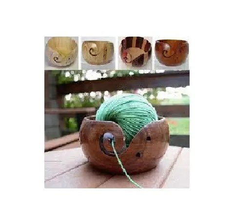 Tigela de madeira artesanal para armazenar fios, acessórios de crochê de madeira rústica de melhor qualidade/ tigela de fios com aparência mordente esculpida à mão