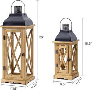 <b>Large</b> Rustic Wooden Lantern <b>Candle</b> Holder with Metal Top Farmhouse Decorative Hanging Lantern for Indoor Outdoor Decor - Product Image 2