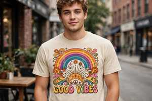 Camiseta unisex vintage de manga corta con cuello redondo, 100% algodón, suave, estilo retro, arcoíris, Good Vibes, para verano - Product Image 4