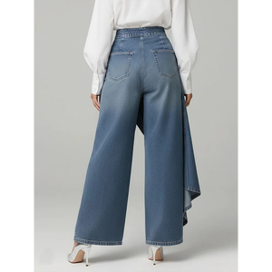 กางเกงเดนิมทรงปาลาซโซ่เอวสูงติดกระดุมแบบไม่สมมาตรสำหรับผู้หญิง - Product Image 1