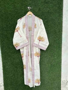 Handmade Cotton Kimono Robe V-neck Long Sleeve Full Length Boho Beach Cover Lightweight Block Print Spring Summer Womens <b>Lounge</b> - Product Image 4