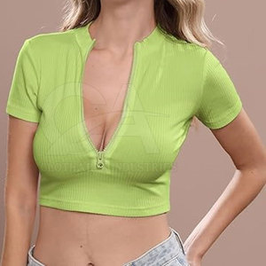 T-shirt court zippé personnalisé pour femme, 100 % coton doux, haut décontracté, t-shirt court zippé sur le devant pour femme, style streetwear tendance, logo personnalisé - Product Image 6