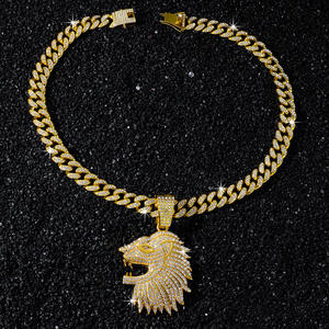 Collar con Colgante de Cabeza de León Iced Out, Chapado en Oro de Aleación, Cadena Cubana de Cristal, Joyería Hip Hop Bling con Dije de Motivo <span class=keywords><strong>Rey</strong></span> de las Bestias - Product Image 5