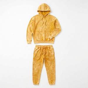 Ensemble de survêtement décontracté unisexe jaune délavé à l'acide, sweat-shirt à capuche et pantalon de jogging à cordon de serrage - Product Image 1