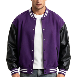 Men's Eco-Friendly <b>Purple</b> <b>Varsity</b> <b>Jacket</b> Black PU Leather Sleeves Stand Collar Button Front Casual Baseball Style Coat Winter - Product Image 1