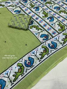 Nuevo Conjunto de Saree y Blusa de Lino Suave con Estampado Digital Elegante, Bordado Aari y Borlas de Algodón - Exportador de Moda Femenina - Product Image 5