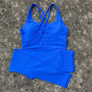 Ensemble de sport et yoga pour femme, 2 pièces, couleur unie, comprenant un legging taille haute à taille élastique et un brassière de sport à dos croisé, style athlétique - Product Image 3