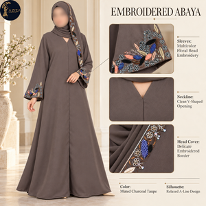 Abaya taupe avec broderie florale multicolore sur les manches |   Robe modeste à ligne A avec décolleté en V et foulard assorti orné de motifs. - Product Image 5