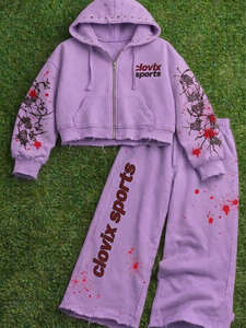 Premium Heavyweight Cotton <b>Purple</b> Track Suit <b>Women</b> Distressed Crop Zip Hoodie Splatter Print Jogger Pants Set Custom Logo - Product Image 1