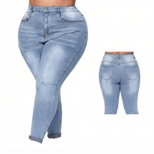 Jeans Ajustados Casuales y Cómodos para Mujer, Tallas Grandes, Cintura Media, Pierna Recta, Denim Desgastado, Botones, Otoño - Product Image 3