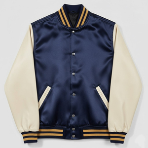 Veste universitaire en satin bleu marine pour homme avec manches crème et finitions dorées, style preppy, coupe classique, pour l'automne - Product Image 1