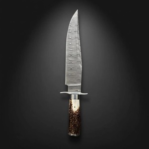 Cuchillo Bowie de Acero de Damasco Personalizado con Mango de Asta de Ciervo, Hoja de Punta Clip y Borde Recto, OEM para Uso en Exteriores - Product Image 5
