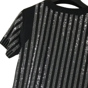 T-shirt en tricot noir à manches courtes pour homme avec motif rayé pailleté, col rond, coupe décontractée - Product Image 6