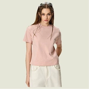 T-shirt décontracté pour femme en jersey 100% coton, rose, col rond, manches courtes, couleur unie, respirant, printemps-été, coupe classique, OEM ODM - Product Image 1