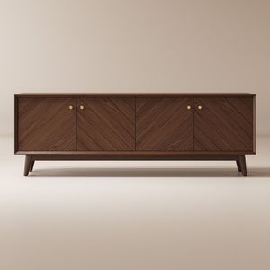 Dark Walnut Teak Wood Handmade <b>TV</b> <b>Stand</b> Modern Chevron Credenza with 4 Doors for Living Room Apartment-Friendly - Product Image 1