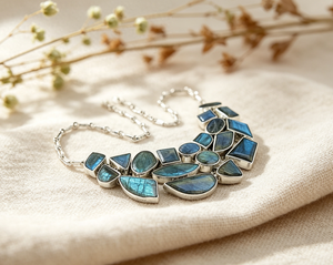 Art Palace Women's Geometric <b>Statement</b> <b>Necklace</b> With Lapis Lazuli Inlay 925 Silver Rhodium Plated Bohemia Style Link Chain - Product Image 1
