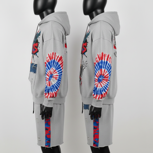 Conjunto de Sudadera con Capucha y Pantalones Cortos para Hombre, 320 GSM, Algodón, Poliéster, Felpa, Jersey, Gris Claro, Ropa Urbana, Pantalones Cortos con Panel de Logotipo Personalizado - Product Image 5