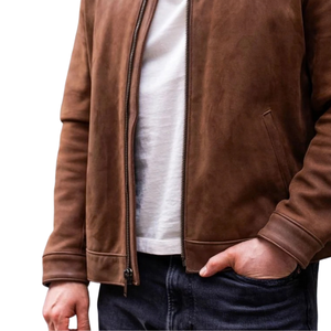<b>Mens</b> Brown Genuine <b>Suede</b> Leather Streetwear <b>Jacket</b> Stand Collar Zip Front Slimfit Minimalist Premium Casual OEM Winter Outerwear - Product Image 5