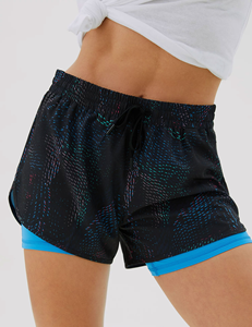 Latest High <b>Impact</b> Double Layer Women Fashion Quick-Dry Drawstring Design Sports <b>Shorts</b> With Pocket Print Pattern Blue Inner Fit - Product Image 2