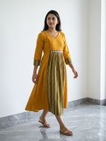 Robe indienne pakistanaise à col en V, manches longues, longueur midi, taille brodée, jupe rayée, vêtements décontractés pour femmes
