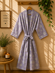 Cotton Floral <b>Kimono</b> Robe Women Boho <b>Beach</b> Cover Printed Dressing Gown Lightweight Lounge Wear Handmade Indian V-neck Drawstring - Product Image 2