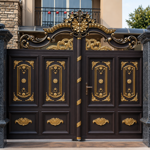 Portail double d'entrée de luxe brun foncé avec panneaux floraux dorés, couronne ornementale et design extérieur résidentiel élégant - Product Image 3