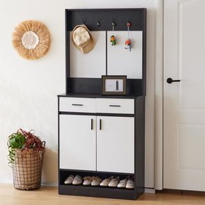 Armadio Bianco e Nero per Ingresso e Camera da Letto con Asta Appendiabiti, Scarpiera, Cassetti e Ripiani, Maniglie e Porta Scarpe - Product Image 3